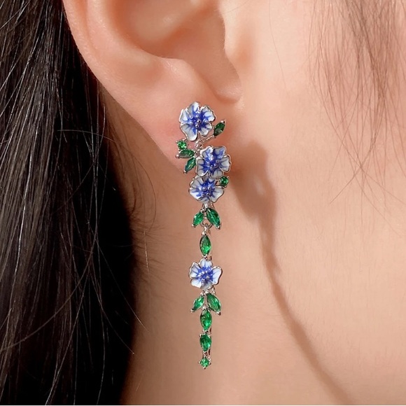🌟 Blue Flower Long Hanging Earrings Silver Enamel Drop Delicate - Picture 2 of 3